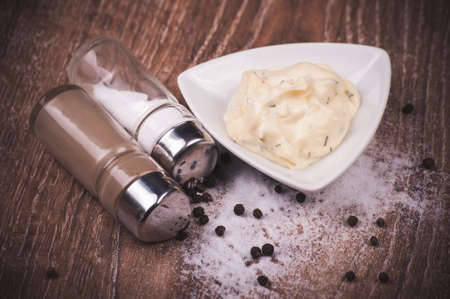white tartar sauce served in white bowlの写真素材