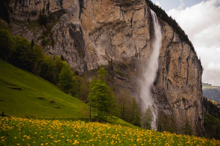 Beautiful waterfall in the Lauterbrunnen swiss village.の写真素材