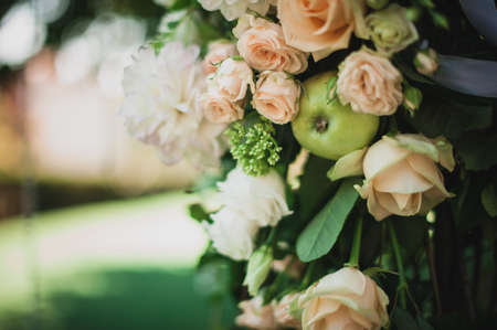 Beautiful flower wedding decoration in white and pink colourの写真素材