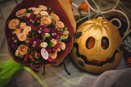 Golden halloween cut out  pumpkin autumn decorの写真素材
