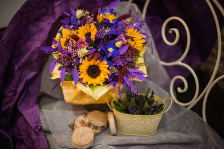 purple and orange autumn bouquet with sunflowersの写真素材