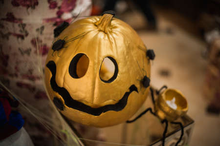 Golden halloween cut out  pumpkin autumn decorの写真素材