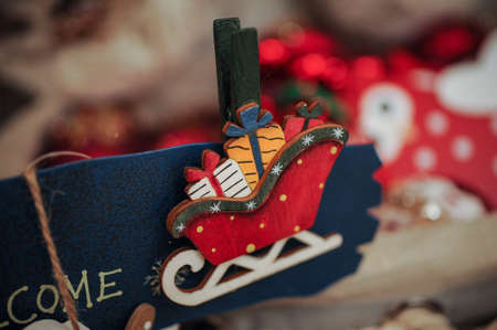 christmas tree decoration - red wooden sled with boxesの写真素材