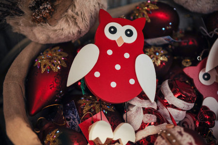 Christmas red and white owl decorations hand madeの写真素材