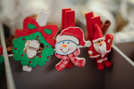 christmas decoration wooden decor clothespins close upの写真素材