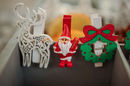 christmas decoration wooden decor clothespins close upの写真素材