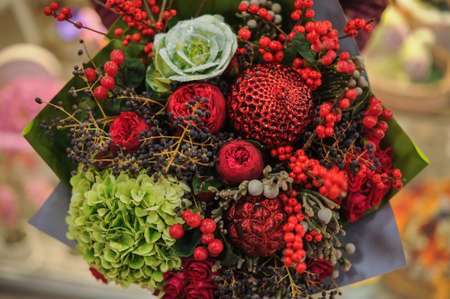 Beautiful red and green mix  flowers bouquetの写真素材