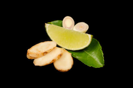 ginger, lime, kaffir  leaves, lemon grass  isolated ob black backgroundの写真素材