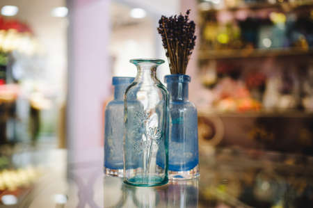 Decorative vases blue home decor on shelveの写真素材