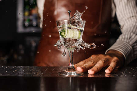 cucumber falling into the glass. barman on backgroundの写真素材