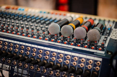 many microphone on the audio mixer. no peopleの写真素材