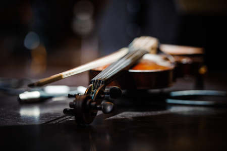Violin music instrument of orchestra dark backgroundの写真素材