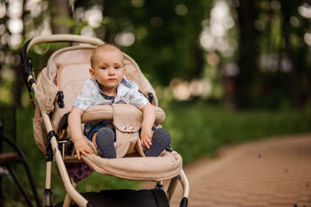 Baby boy child is in pram outdoors in spring park.の写真素材