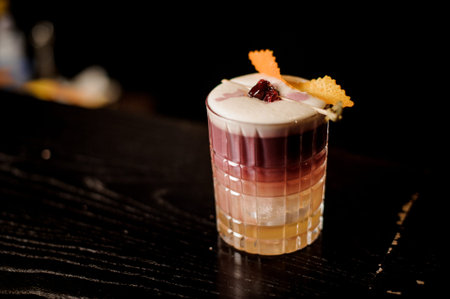 New York Sour Cocktail with foam and wooden backround.