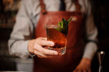 Bartender decorates cocktail mint leaves no faceの写真素材