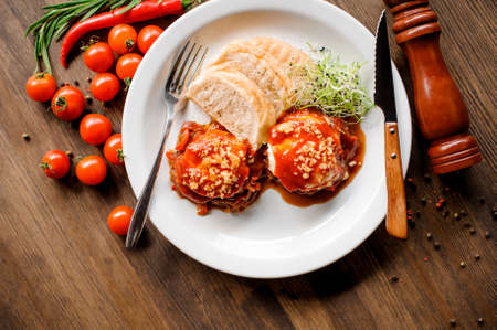 A healthy breakfast with fried egg, toast and microgrin on a wooden table. Top viewの写真素材