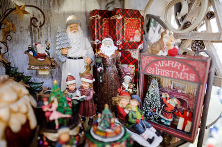 Colorful and bright stall with Christmas tree decorations at Christmas Market. Selective focusの写真素材