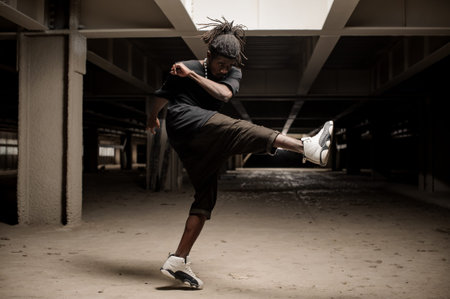 Afro american man with dreadlocks and in black clothes and white sport shoes lifting the leg up. Full lengthの写真素材