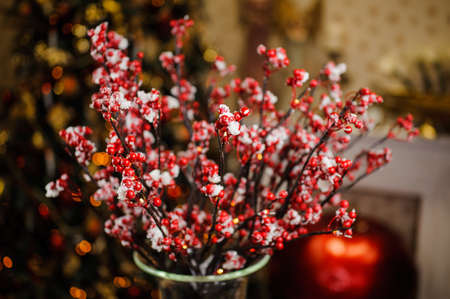 Christmas composition of beautiful red berries in snow on the cozy and homely brown backgroundの写真素材