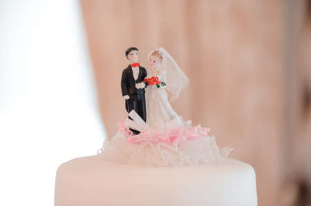 Beautiful pink wedding cake decorated with cute tiny figures of bride and groom on the light backgroundの写真素材