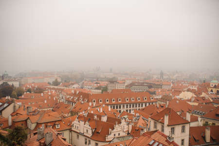 Misty top view of the beautiful old European town with a medieval architecture. Europe conceptの写真素材
