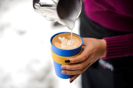 Woman holding a cup of coffee latte and a pitcher with milk in coffee shop. Coffee concept