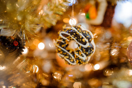 Christmas tree decoration toy in the form of a sweet chocolate cookieの写真素材
