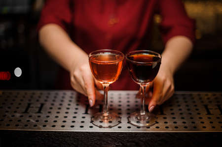 Female baran holding two elegant glasses filled with tasty alcoholic cocktails on the bar counterの写真素材