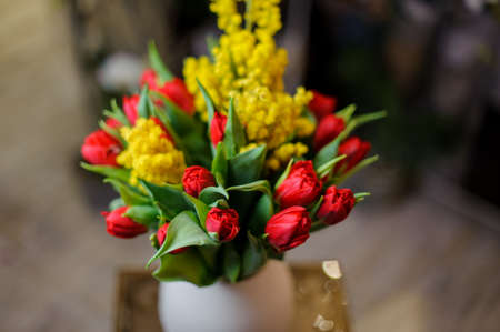 Beautiful red tulips and bright yellow mimosa arranged in a white vase on the tableの写真素材