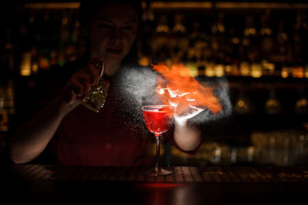 Female bartender spraying on and set fire to the fresh delicious cocktail for serving it on the steel bar counterの写真素材