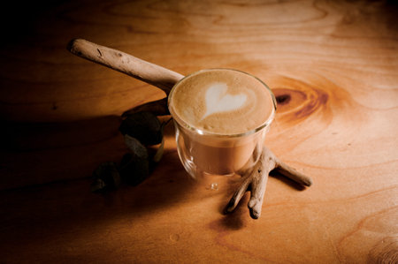 Beautiful transparent glass of a delicious hot coffee decorated with milk heart standing on the wooden table with the wood decorの写真素材