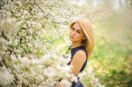Beautiful blonde girl, dressed in a blue dress, standing between branches of white blossom tree