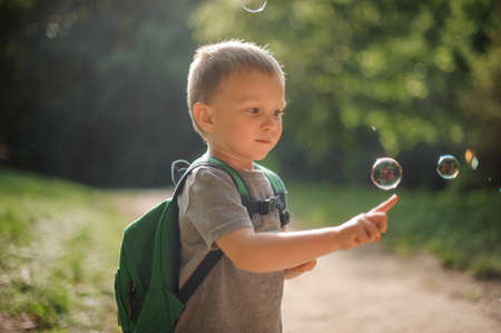 Cute little boy touching a soap bubble playing in the green summer park on sunny dayの写真素材