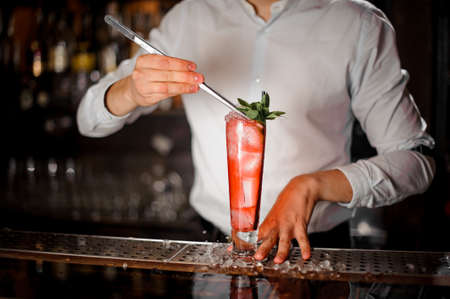 Professional bartender adding the mint leaves to a delicious fresh transparent red cocktail at the bar counterの写真素材