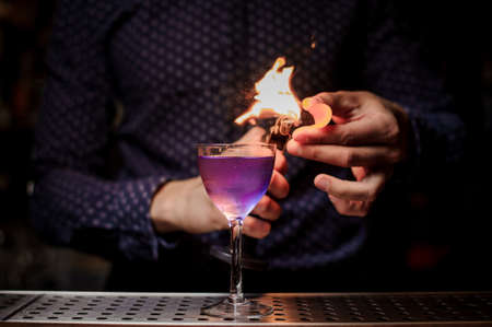 Bartender making a strong and fresh purple summer cocktail with a smoke note on the dark background of barの写真素材