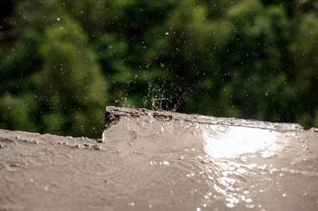 Backgroung texture drop in the puddle on the concrete on the blurred background of green treesの写真素材