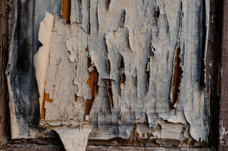 Macro photo of old shabby exterior wooden door painted in white color and peeled offの写真素材