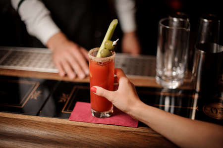Bartender in the white shirt and dark apron serving a bloody mary cocktail with two olives and celery to the woman on the bar counterの写真素材