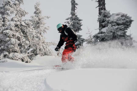 Woman running down the mountain hill on the snowboard on the background of sky and trees in the mountain tourist resort in Goderzi, Georgiaの写真素材