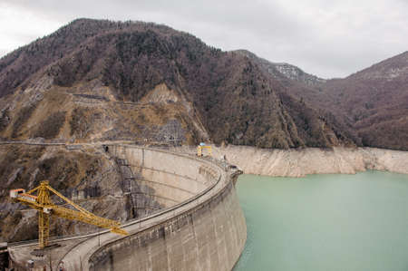 View on the Enguri Dam with blue water at Georgia, Svaneti, Mestiaの写真素材
