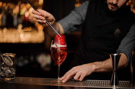 Professional bartender adding to a delicious cocktail red slice decorの写真素材
