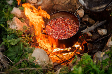 Close-up of the stew in pan on campfireの写真素材