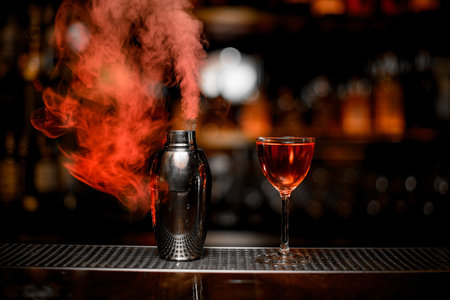 Cocktail in the glass and smoky steel shaker