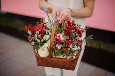 Close-up of girl with basket of red and blue flowersの写真素材