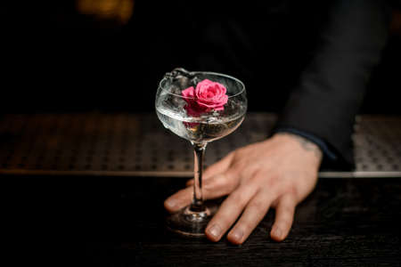 Bartender adds flower in an alcohol cocktailの写真素材