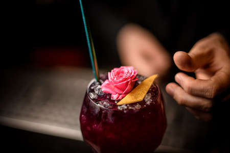 Close-up of alcohol drink with flower, lemon zest and strawの写真素材
