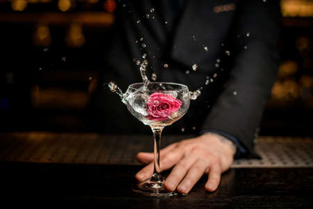 Bartender adding flower in an alcohol cocktailの写真素材