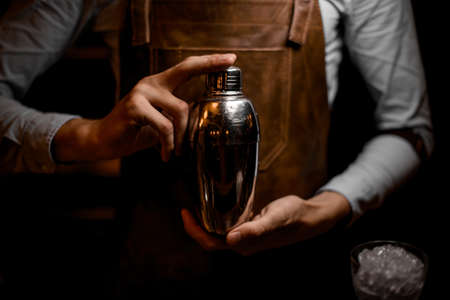Bartender holding in hands a steel shakerの写真素材