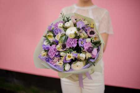 Close-up of bouquet with various purple flowersの写真素材