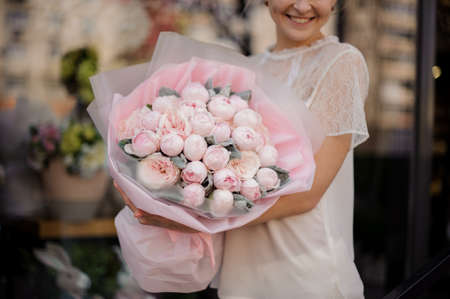 Close-up of a bouquet with pink peoniesの写真素材